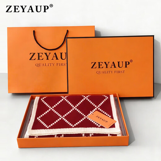ZEYAUP 100% wool scarf for women in autumn and winter thickened warm scarf as a Christmas and New Year birthday gift for girls and wives, red and white rhombus, brand high-end light luxury gift box, practical for girlfriends and lovers, one size fits all