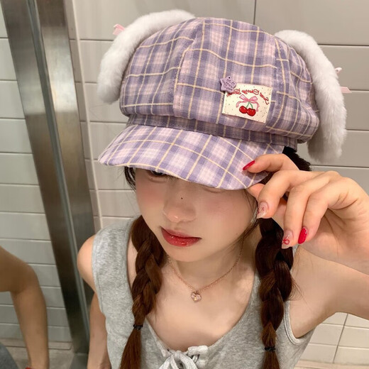 Midele Rabbit Ears Beret Cute Plaid Rabbit Ears Bow Patch Beret Women's Large Head Circumference Shows Face Small Octagon Purple Plaid Rabbit Ears Beret M (56-58cm)