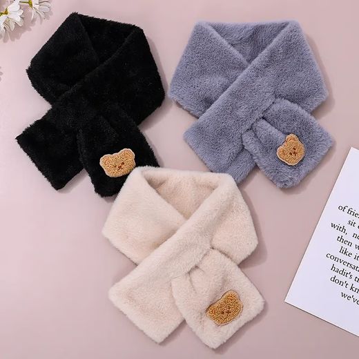 Imitation Rex Rabbit Fur Children's Winter Korean Cute Bear Plush Student Versatile Thickened Warm Cross Scarf Bear Head Scarf - White