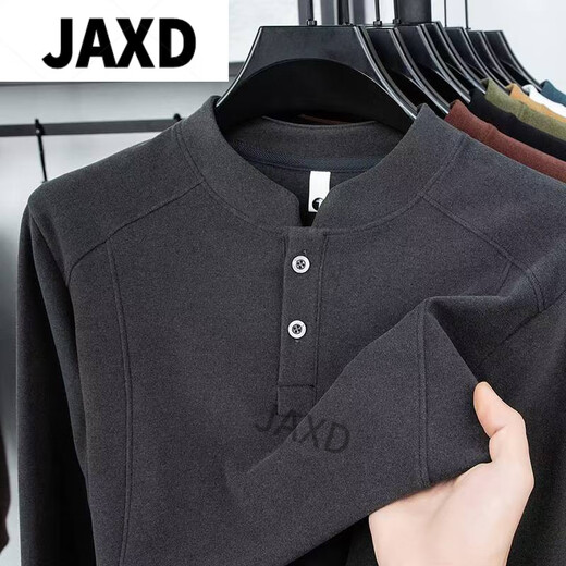 JAXD Minruo Customized Men's Wear 2025 Autumn New Henley Collar Sweatshirt Men's Long Sleeve. T-shirt German Velvet Warm Bottoming Shirt Gray Light Luxury L Weight 120-130Jin Jin is equal to 0.5 kg