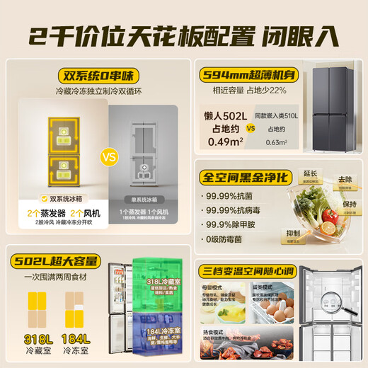 Leader Haier refrigerator produces lazy 510 series 502L cross-door household refrigerator ultra-thin dual system large capacity LTD-510WDS9U1 trade-in national subsidy of 20%