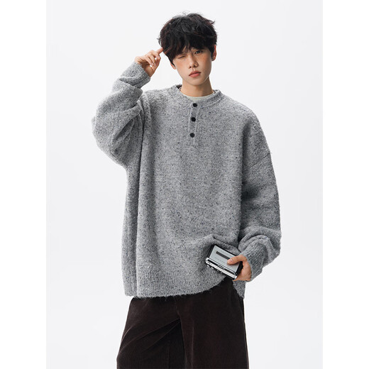 OEMG pullover sweater men's autumn style lazy style sweater top lazy trendy brand Henry collar sweater jacket gray 2XL recommended 130-150Jin Jin equals 0.5 kg