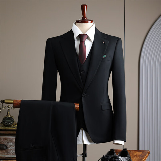 Vbanlya Italian brand fashion British style handsome groom wedding suit quality suit men's suit slim work 9991 black (suit + vest + trousers) 4XL 58_(158-175Jin Jin equals 0.5 kg)