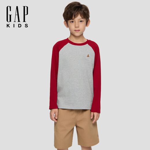 Gap Boys 2025 Autumn New Pure Cotton Bear Embroidery Contrast Color Loose T-shirt Children's Wear Long Sleeve 805080 Light Gray 120 cm (6-7 years old) Asian size