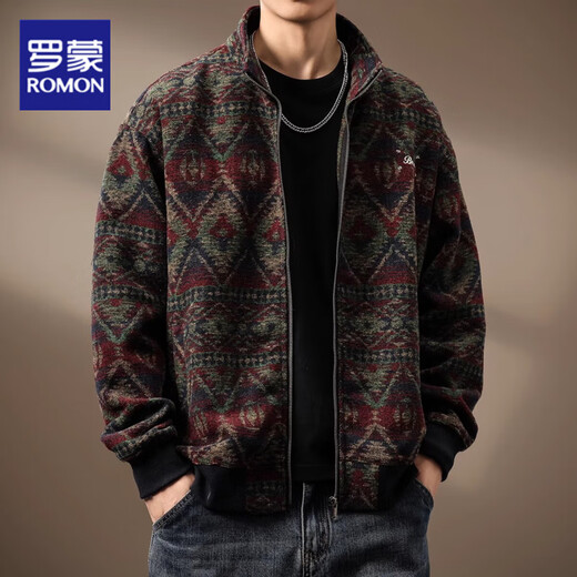 ROMON high-end ethnic style wool knitted jacket men's autumn and winter loose large size heavy retro cardigan sweater men's fashion red L suitable for 120-140Jin Jin equals 0.5 kg
