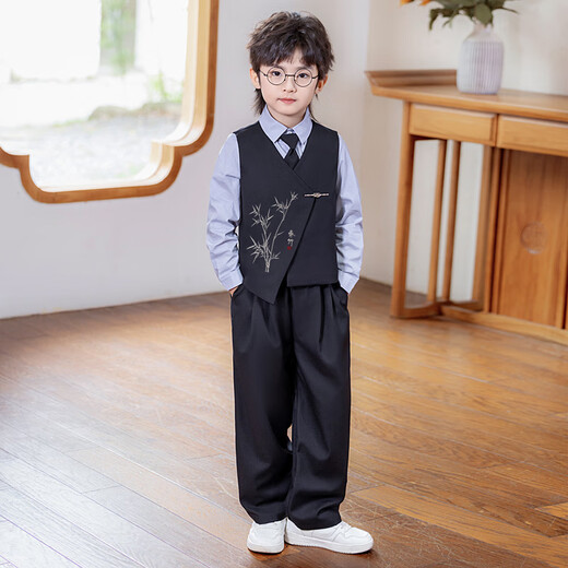 萝卜呗呗（LUOBOBEIBEI）儿童西装新中式男童国风马甲花童礼服男孩演出服 黑色四件套 110