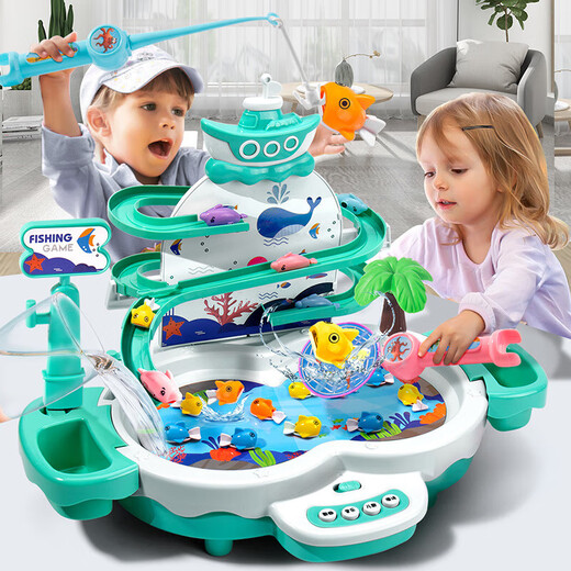 Mihong children's multi-functional electric fishing rod fishing toy for boys and girls for early childhood education to 6-year-old birthday gift pink penguin slide fishing platform set battery