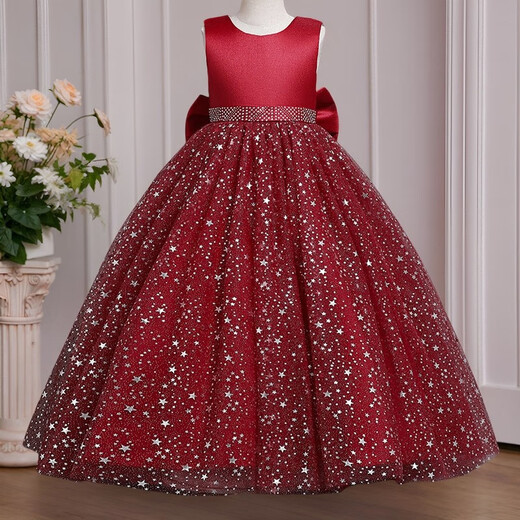 Calfit Children's Dress Skirt Flower Girl Catwalk Wedding Tutu Skirt Girls Princess Dress Piano Performance Clothes Red 160