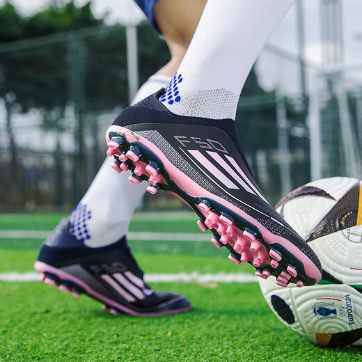 Cristiano Ronaldo F50 football shoes Mercurial 19AG long spikes for men and women, children, adults, low-top grass training non-slip breathable shoes, black pink plum spikes--Zhuo's 966 37