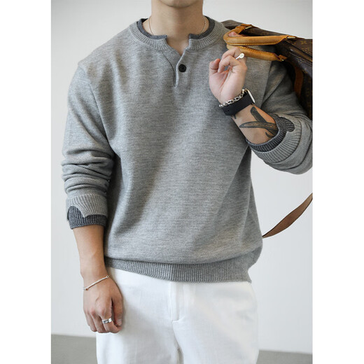 Kuraishi Kazuki trendy brand old money retro Henry collar sweater men's 2025 autumn and winter fashion versatile casual warm top light gray M