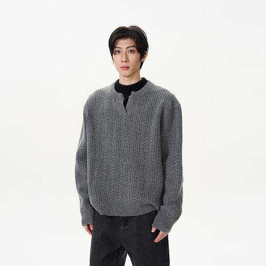 Oiro's shop American retro twist design sweater men's lazy high-end Henry collar sweater couple trend gray XL