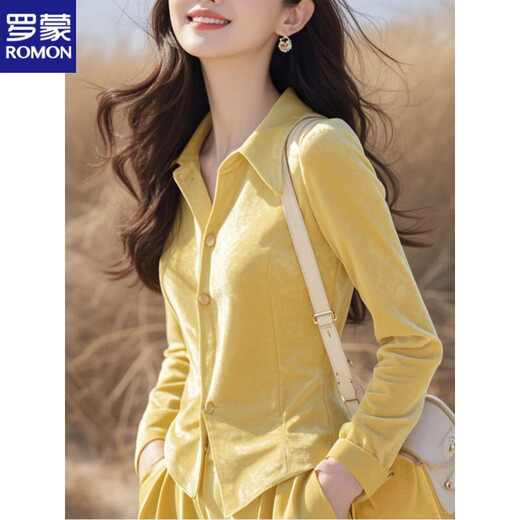 ROMON's new winter style French unique and beautiful top, fashionable, luxurious, high-end, super nice yellow velvet shirt, yellow plus/velvet plus/thick M 100-110Jin Jin equals 0.5 kg