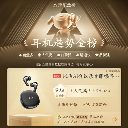 IFLYTEK AI Conference Noise Canceling Wireless Bluetooth Headset Pro 3 Black Gold Exclusive Edition Smart Recording Translation In-Ear Adapted to Apple, Huawei, and Xiaomi