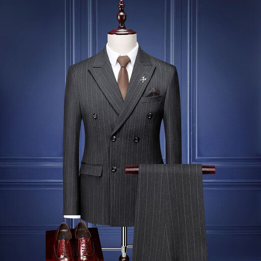 Lilan men's suit suit wedding groom double-breasted slim dress striped suit full set men's business formal suit dark gray double-breasted 3-piece suit suit + trousers + vest XL recommended 115-130 Jin Jin equals 0.5 kg