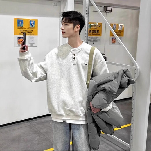 Henry collar sweatshirt men's spring and autumn hoodless American cleanfit bottoming shirt loose trendy brand long-sleeved T-shirt with spring white gray L