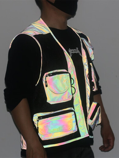Colorful Reflective Work Vest Men's Multi-Pocket Jacket Bicycle Safety Night Vision Photographer Fishing Multifunctional Vest Decoration Colorful Reflective M