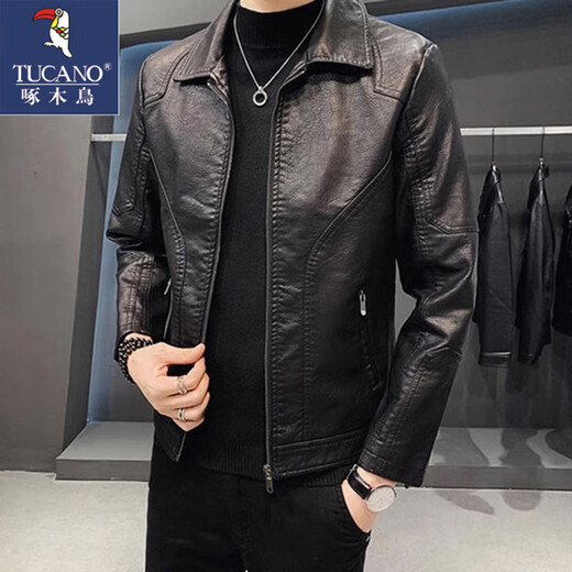Woodpecker leather jacket for men 2025 new handsome black lapel motorcycle jacket casual leather jacket spring and autumn style black XL recommended weight 125-140Jin Jin equals 0.5 kg