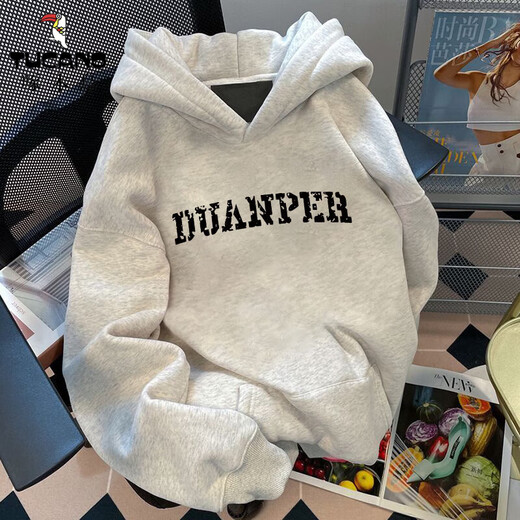 Woodpecker hooded sweatshirt for men in autumn and winter American letter print design loose thickened velvet jacket trendy hoodie top white gray (regular style) XL recommended weight 120-140Jin Jin is equal to about 0.5 kg