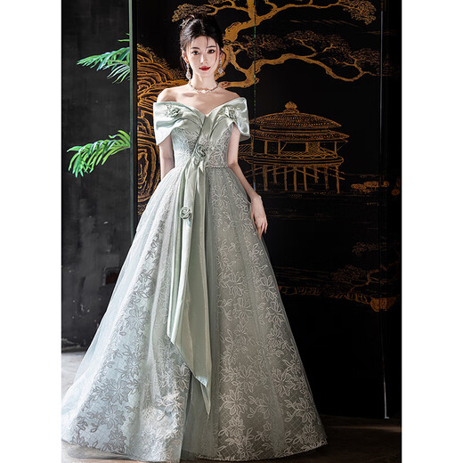 Fuling Art Examination Dress Music Student Piano Performance Evening Dress Evening Dress Women Light Luxury Niche High-End Beautiful Coming-of-Age Ceremony Green Champagne Gold Long Version