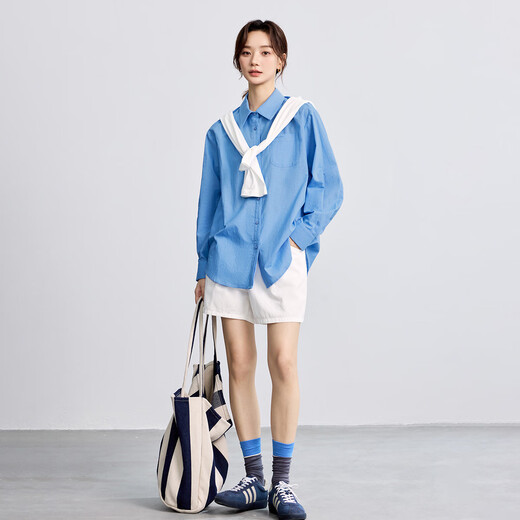 INMAN Ramie Cotton French Commuting Blue Shirt Women's 2025 Autumn Fashionable Loose Slim Long Sleeve Shirt Sky Blue M