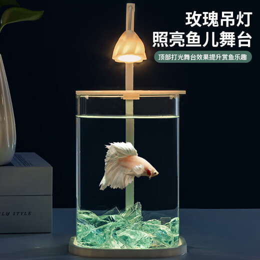 Glass small fish tank, thickened ice crystal tabletop ornaments, ornamental atmosphere lamp, creative tank, ecological fighting fish tank, pearl crushed diamond landscape tank, high-definition ecological fish tank landscaping complete set, upgraded square rounded corner fish tank + light