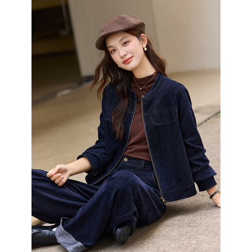 Fanximan blue casual denim suit for women 25 years new winter new round neck zipper jacket wide leg trousers two-piece set A3093 denim blue XL (recommended 120-130Jin Jin equals 0.5 kg)