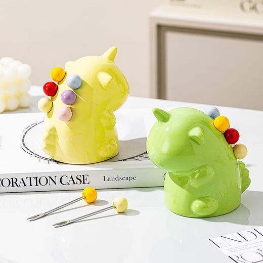 Unicorn Fruit Light Luxury Ceramic Tableware Set Home Cute High-grade Stainless Steel Storage Safe Fruit Fork Ceramic Macaron Fruit Green Unicorn + 6 Forks