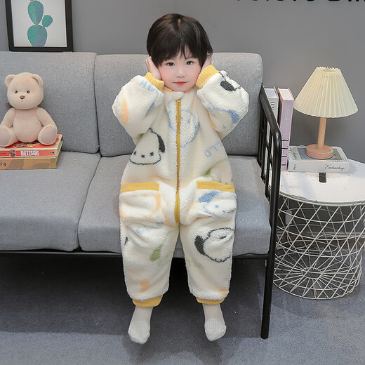 Children's One-piece Pajamas in the Wild and Wild, Autumn and Winter Flannel Thickened One-Year-Old Baby Baby Sleeping Bag, Boy's Coral Velvet Anti-Kick Quilt, Off-White 100cm
