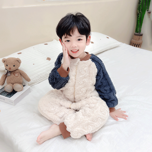 Children's one-piece pajamas autumn and winter flannel double-layer thickened baby baby sleeping bag boy's coral velvet anti-kick 1 picture color 90