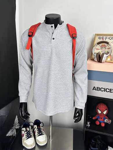 Cleanfit gray henley collar long-sleeved t-shirt men's American polo collar inner layering shirt hawaffle sweatshirt light gray upgraded model M