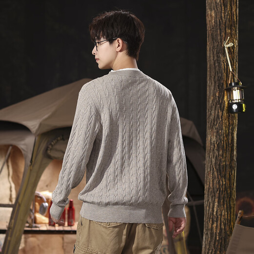 JEEP Men's Henry Collar Sweater Retro Twist Textured Comfortable Outdoor Style Fashionable Versatile Knitted Sweater Men's Top Floral Camel M