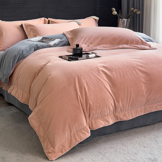 Mengjie Home Textiles high-end Class A thickened baby velvet four-piece set 2025 new autumn and winter warm double-sided milk velvet quilt cover sheet 4 pink and gray Class A quality anti-static lint-free fitted sheet four-piece set 1.5m-quilt cover 200x230cm