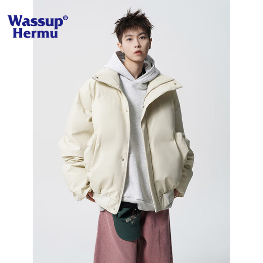 WASSUP HERMU official short cotton jacket for men in winter PU leather water-repellent solid color stand-up collar cleanfit jacket loose bread suit coffee XL (recommended 140-160Jin Jin equals 0.5 kg)