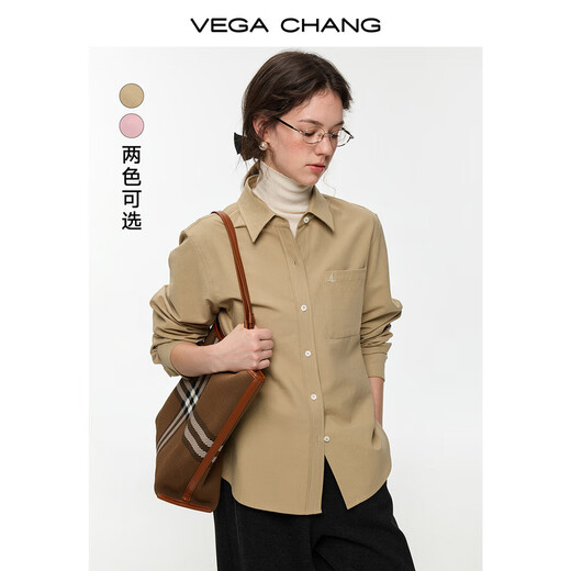 VEGA CHANG brown rhyme simple luxury long-sleeved shirt for women 2025 new autumn and winter simple high-end shirt sweet peach pink (shirt) L