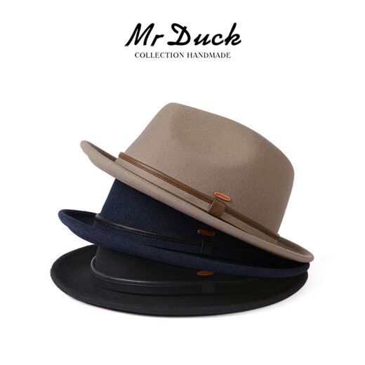 Mr DUCK Australian superfine 90-count wool top hat men's large brim autumn and winter warm felt hat casual high-end British gentleman hat small brim royal black (100% superfine wool)-MW206219 M (suitable for 56-58cm head circumference)