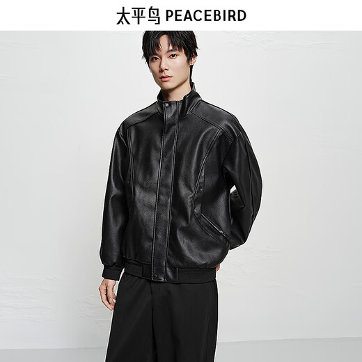PEACEBIRD Men's Wear Shopping Mall Same Style 2025 Winter New PU Leather Stand Collar Jacket B2BCF4119 Black 1 L