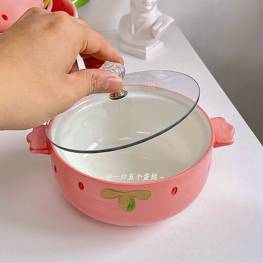 Sailotou instant noodle bowl three-piece set strawberry ceramic i-style double-eared soup bowl with lid student eating bowl cute girly tableware Strawberry instant noodle bowl + spoon + chopsticks