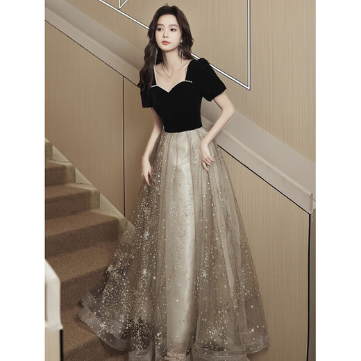 Evening dress for women 2025 new annual meeting high-end black dress light luxury niche high-end sense student art exam adult black evening dress L