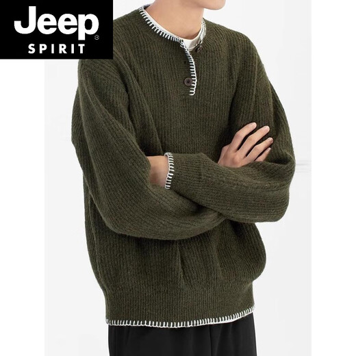 JEEP SPIRIT American retro design casual Henry collar sweater sweater for men and women loose autumn couple lazy pullover top green high quality M