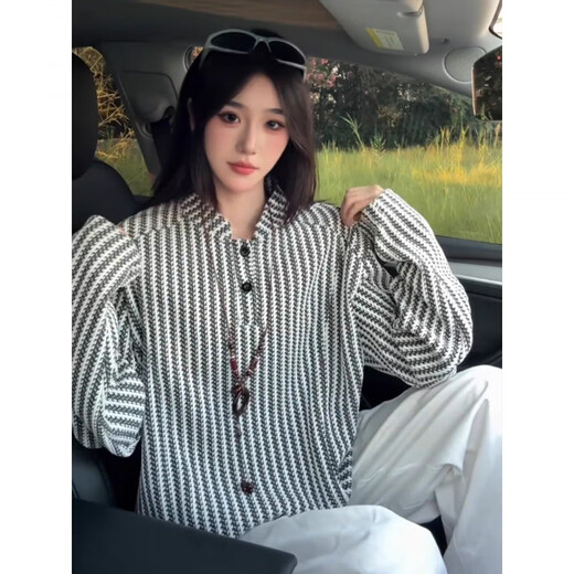 Mo Xiaoxiao herringbone pattern American Henry collar sweatshirt men's autumn heavy houndstooth long-sleeved T-shirt polo inner layering shirt black men's L recommended 105-120Jin Jin equals 0.5 kg