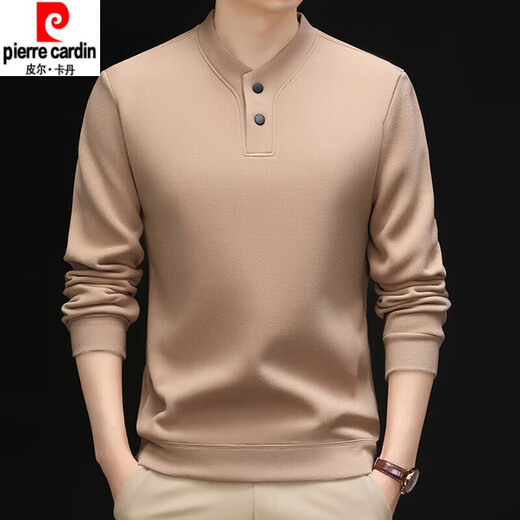 Pierre Cardin high-end winter middle-aged men's casual stand-up collar sweatshirt solid color German velvet thickened top two-button T-shirt base layer coffee color XL 130-150Jin Jin equals 0.5 kg