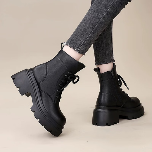 Woodpecker Leather Martin Boots Women's 2025 Autumn and Winter New British Style Versatile Small Leather Shoes Thick Sole Heightening Slim Short Boots Women Black 37 (235mm)