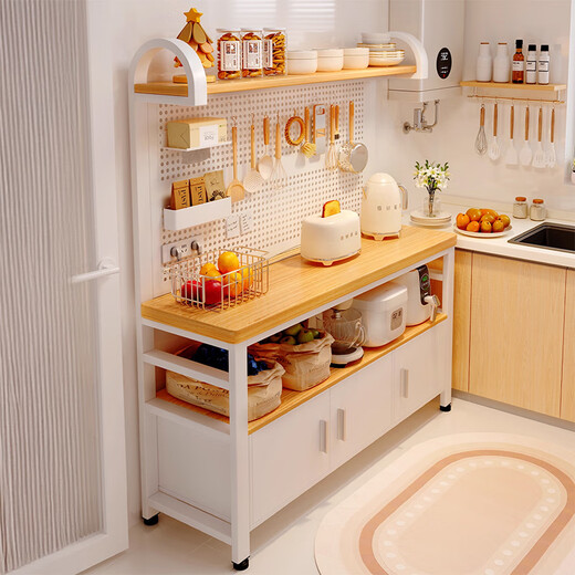 Saishan kitchen storage rack multi-functional sideboard floor-standing multi-layer storage cabinet sandwich vegetable cutting workbench storage shelf socket type (countertop can chop meat) black walnut color with cabinet door + hook 100*40*80cm