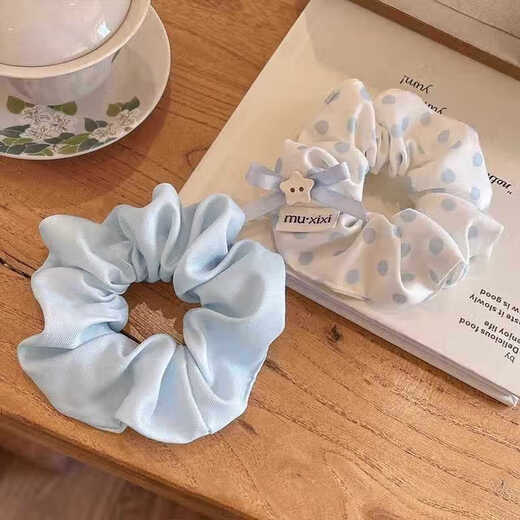 Forest style polka dot bow hair tie for women 2025 new style blue hair tie hair rope flower hair accessory French white polka dot hair ring - 1 piece