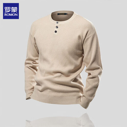 Romon Retro Henley Shirt Vertical Knitted Texture Sweater Men's Slim Business Knitted Sweater Men's T-Shirt Long Sleeve Men
