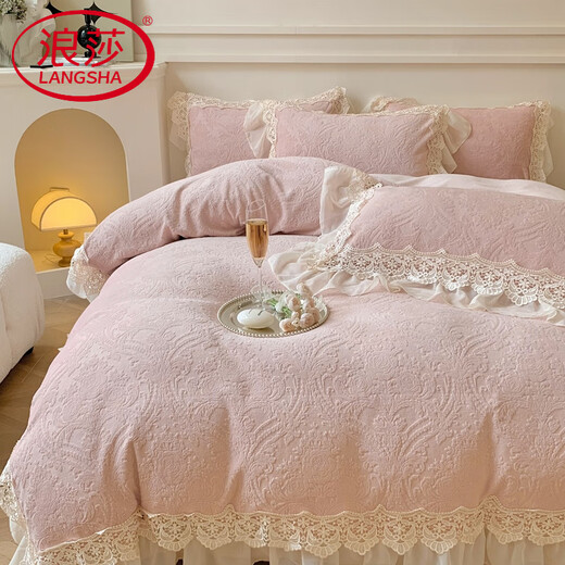 Langsha 2025 autumn and winter new thickened carved velvet baby velvet Annabell series French double-layer lace four-piece set Annabell pink bed sheet style 1.5m four-piece set