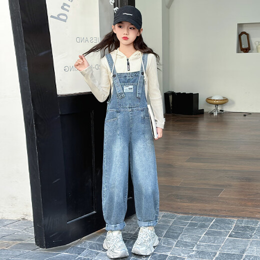 Overalls for women 2025 new little girls denim overalls trousers autumn 2024 children medium and large children one-piece pocket overalls + pit hoodie suit 130 cm recommended height 1.2c