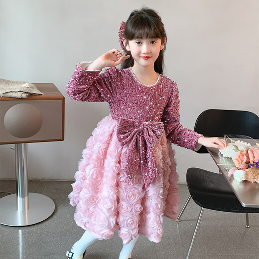Piggy Banner (PEPCO) Princess Dress Girls Fashionable Girls Sequin Birthday Dress Winter Children's Dress Pink Velvet 130