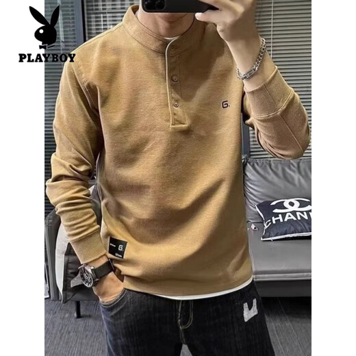 Playboy (PLAYBOY) Henry collar sweatshirt men's spring and autumn style embroidered trendy casual T-shirt long-sleeved bottoming shirt loose men's inner top black regular M