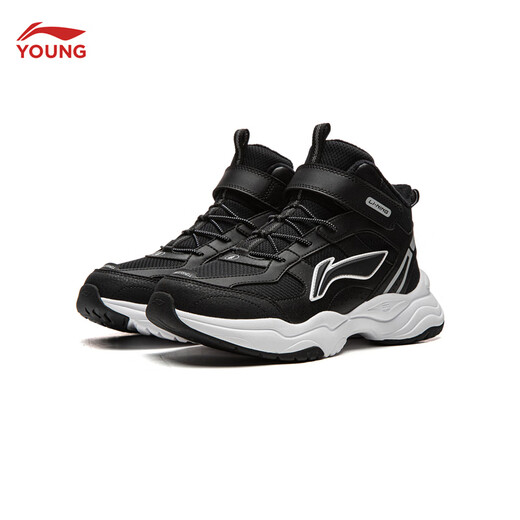 Li Ning children's shoes, children's cotton shoes, sports shoes, men's and women's, velvet, reflective, water-repellent, mid-top casual shoes, YKCU224, velvet, black-9 36